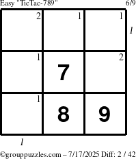 The grouppuzzles.com Easy TicTac-789 puzzle for Thursday July 17, 2025 with all 2 steps marked