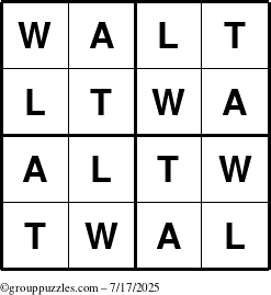 The grouppuzzles.com Answer grid for the Walt puzzle for Thursday July 17, 2025