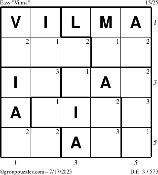 The grouppuzzles.com Easy Vilma puzzle for Thursday July 17, 2025 with all 3 steps marked