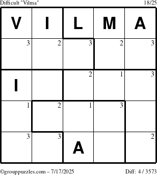 The grouppuzzles.com Difficult Vilma puzzle for Thursday July 17, 2025 with the first 3 steps marked