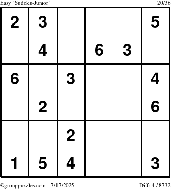 The grouppuzzles.com Easy Sudoku-Junior puzzle for Thursday July 17, 2025