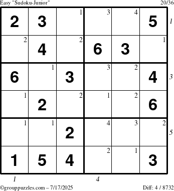 The grouppuzzles.com Easy Sudoku-Junior puzzle for Thursday July 17, 2025 with all 4 steps marked