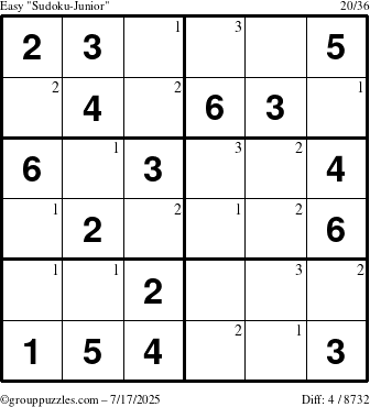 The grouppuzzles.com Easy Sudoku-Junior puzzle for Thursday July 17, 2025 with the first 3 steps marked
