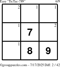 The grouppuzzles.com Easy TicTac-789 puzzle for Thursday July 17, 2025 with the first 2 steps marked