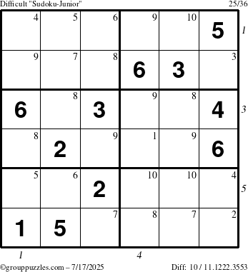 The grouppuzzles.com Difficult Sudoku-Junior puzzle for Thursday July 17, 2025 with all 10 steps marked