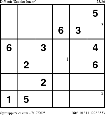 The grouppuzzles.com Difficult Sudoku-Junior puzzle for Thursday July 17, 2025 with the first 3 steps marked