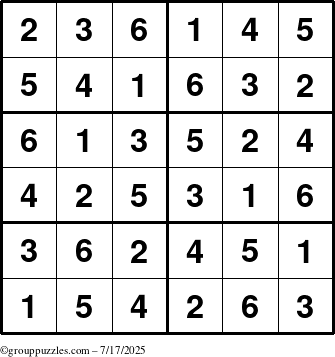 The grouppuzzles.com Answer grid for the Sudoku-Junior puzzle for Thursday July 17, 2025