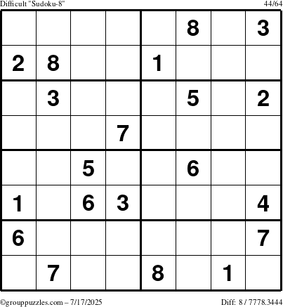 The grouppuzzles.com Difficult Sudoku-8 puzzle for Thursday July 17, 2025
