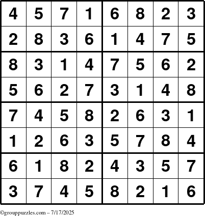 The grouppuzzles.com Answer grid for the Sudoku-8 puzzle for Thursday July 17, 2025