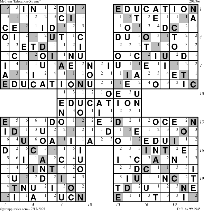 The grouppuzzles.com Medium Education-Xtreme puzzle for Thursday July 17, 2025 with all 6 steps marked