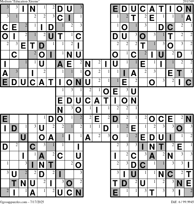 The grouppuzzles.com Medium Education-Xtreme puzzle for Thursday July 17, 2025 with the first 3 steps marked