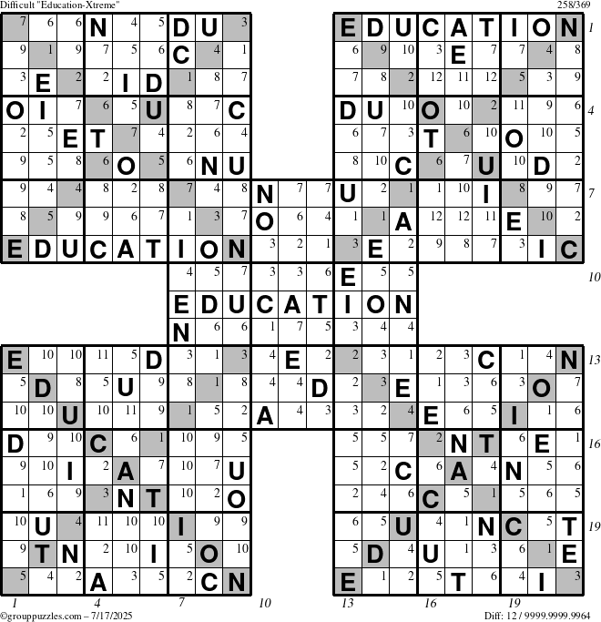 The grouppuzzles.com Difficult Education-Xtreme puzzle for Thursday July 17, 2025 with all 12 steps marked