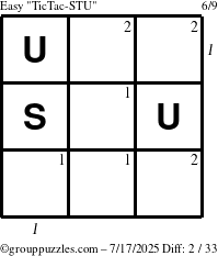 The grouppuzzles.com Easy TicTac-STU puzzle for Thursday July 17, 2025 with all 2 steps marked