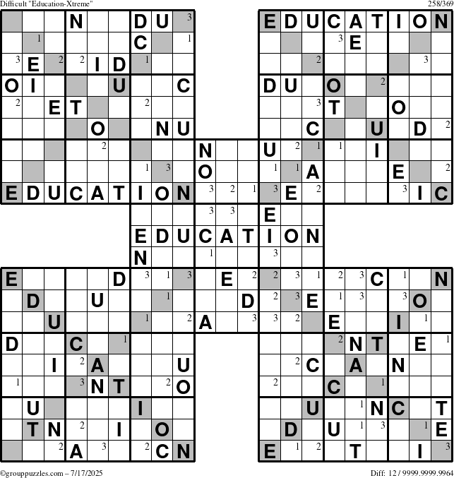 The grouppuzzles.com Difficult Education-Xtreme puzzle for Thursday July 17, 2025 with the first 3 steps marked
