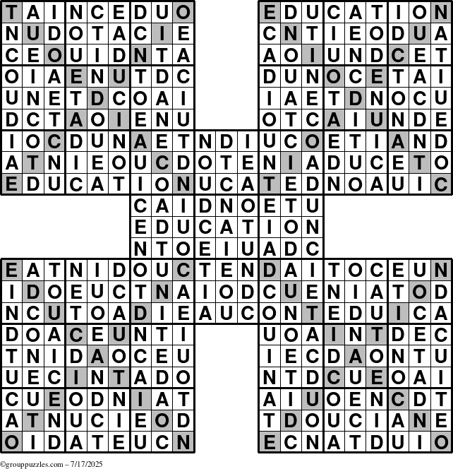 The grouppuzzles.com Answer grid for the Education-Xtreme puzzle for Thursday July 17, 2025