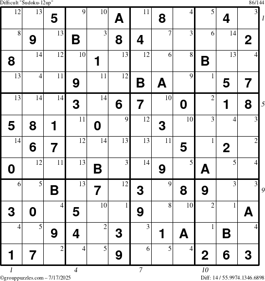 The grouppuzzles.com Difficult Sudoku-12up puzzle for Thursday July 17, 2025 with all 14 steps marked