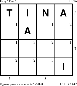 The grouppuzzles.com Easy Tina puzzle for Tuesday July 23, 2024 with all 3 steps marked