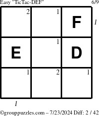 The grouppuzzles.com Easy TicTac-DEF puzzle for Tuesday July 23, 2024 with all 2 steps marked