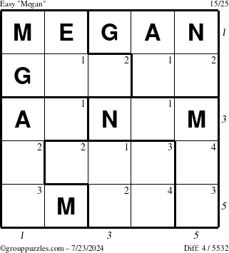 The grouppuzzles.com Easy Megan puzzle for Tuesday July 23, 2024 with all 4 steps marked