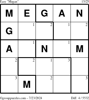 The grouppuzzles.com Easy Megan puzzle for Tuesday July 23, 2024 with the first 3 steps marked