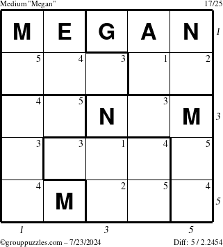 The grouppuzzles.com Medium Megan puzzle for Tuesday July 23, 2024 with all 5 steps marked