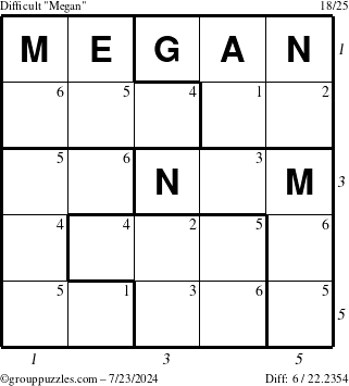 The grouppuzzles.com Difficult Megan puzzle for Tuesday July 23, 2024 with all 6 steps marked