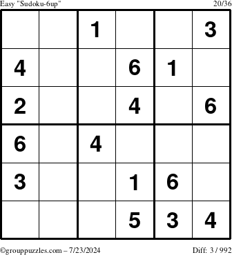 The grouppuzzles.com Easy Sudoku-6up puzzle for Tuesday July 23, 2024