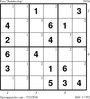 The grouppuzzles.com Easy Sudoku-6up puzzle for Tuesday July 23, 2024 with all 3 steps marked