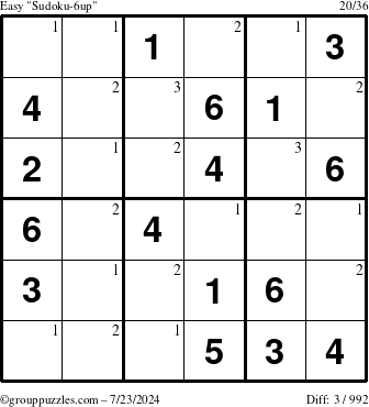 The grouppuzzles.com Easy Sudoku-6up puzzle for Tuesday July 23, 2024 with the first 3 steps marked