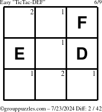 The grouppuzzles.com Easy TicTac-DEF puzzle for Tuesday July 23, 2024 with the first 2 steps marked