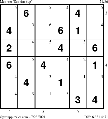 The grouppuzzles.com Medium Sudoku-6up puzzle for Tuesday July 23, 2024, suitable for printing, with all 6 steps marked