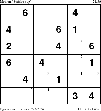 The grouppuzzles.com Medium Sudoku-6up puzzle for Tuesday July 23, 2024 with the first 3 steps marked