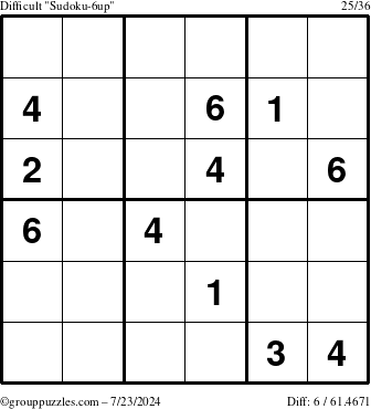 The grouppuzzles.com Difficult Sudoku-6up puzzle for Tuesday July 23, 2024