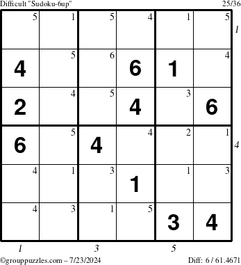 The grouppuzzles.com Difficult Sudoku-6up puzzle for Tuesday July 23, 2024 with all 6 steps marked