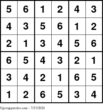 The grouppuzzles.com Answer grid for the Sudoku-6up puzzle for Tuesday July 23, 2024