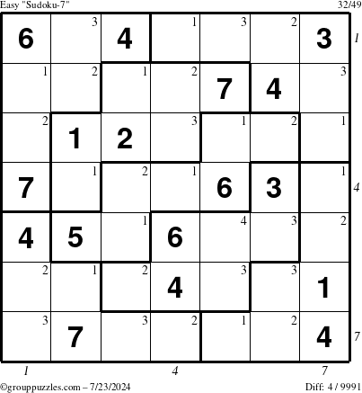 The grouppuzzles.com Easy Sudoku-7 puzzle for Tuesday July 23, 2024 with all 4 steps marked