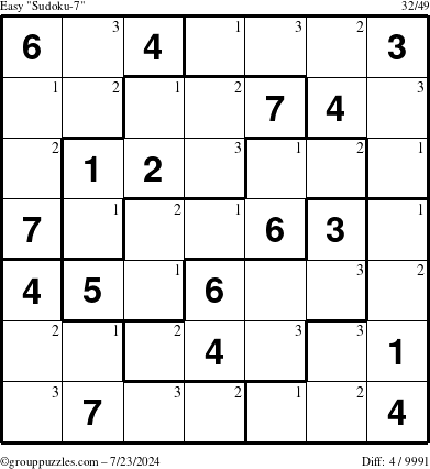 The grouppuzzles.com Easy Sudoku-7 puzzle for Tuesday July 23, 2024 with the first 3 steps marked