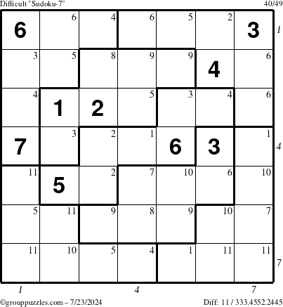 The grouppuzzles.com Difficult Sudoku-7 puzzle for Tuesday July 23, 2024, suitable for printing, with all 11 steps marked