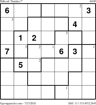 The grouppuzzles.com Difficult Sudoku-7 puzzle for Tuesday July 23, 2024 with the first 3 steps marked