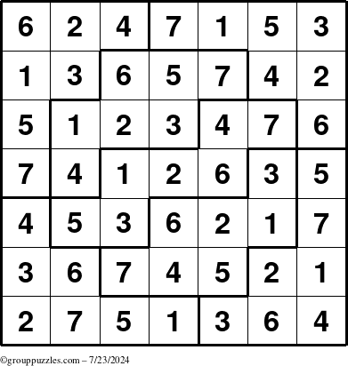 The grouppuzzles.com Answer grid for the Sudoku-7 puzzle for Tuesday July 23, 2024