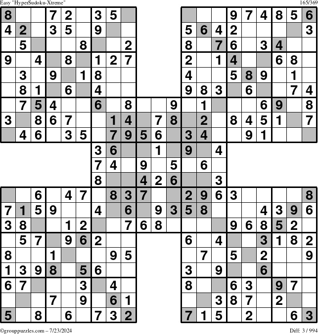 The grouppuzzles.com Easy HyperSudoku-Xtreme puzzle for Tuesday July 23, 2024