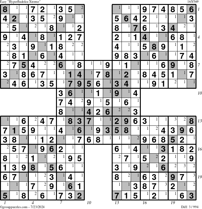 The grouppuzzles.com Easy HyperSudoku-Xtreme puzzle for Tuesday July 23, 2024, suitable for printing, with all 3 steps marked