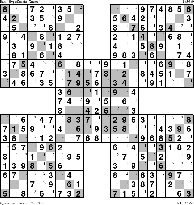 The grouppuzzles.com Easy HyperSudoku-Xtreme puzzle for Tuesday July 23, 2024 with the first 3 steps marked