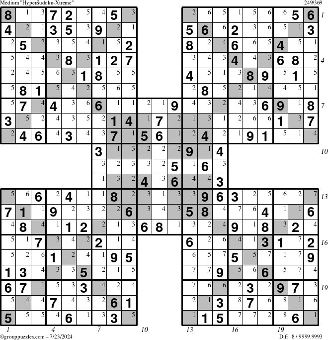 The grouppuzzles.com Medium HyperSudoku-Xtreme puzzle for Tuesday July 23, 2024, suitable for printing, with all 8 steps marked