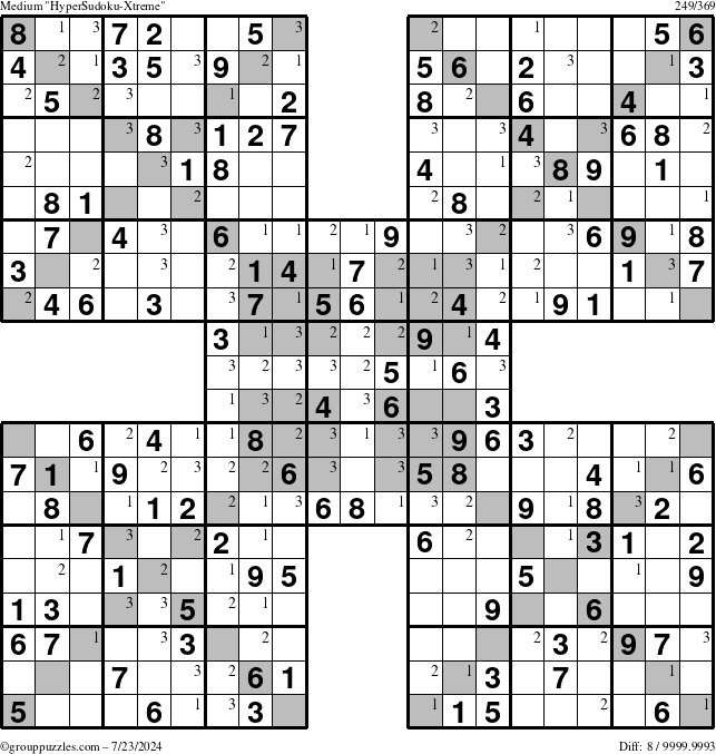 The grouppuzzles.com Medium HyperSudoku-Xtreme puzzle for Tuesday July 23, 2024 with the first 3 steps marked