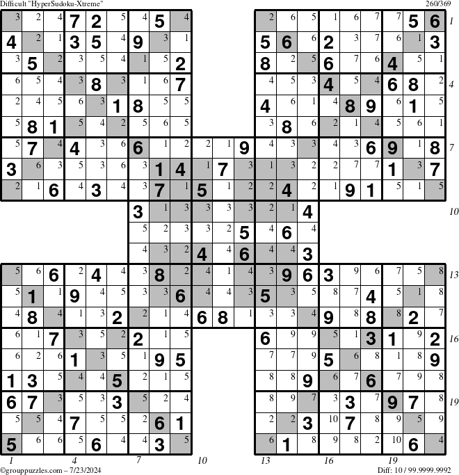 The grouppuzzles.com Difficult HyperSudoku-Xtreme puzzle for Tuesday July 23, 2024 with all 10 steps marked