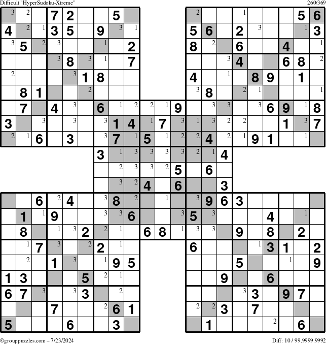 The grouppuzzles.com Difficult HyperSudoku-Xtreme puzzle for Tuesday July 23, 2024 with the first 3 steps marked