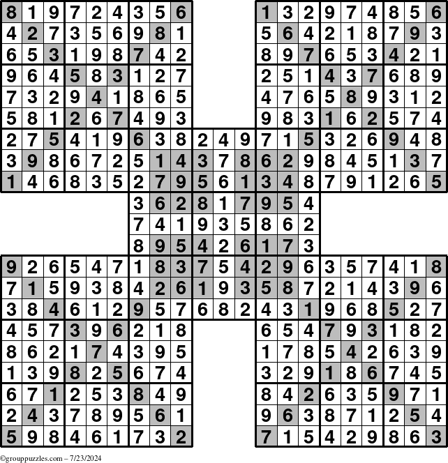 The grouppuzzles.com Answer grid for the HyperSudoku-Xtreme puzzle for Tuesday July 23, 2024