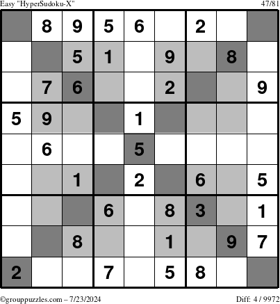 The grouppuzzles.com Easy HyperSudoku-X puzzle for Tuesday July 23, 2024