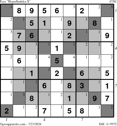 The grouppuzzles.com Easy HyperSudoku-X puzzle for Tuesday July 23, 2024, suitable for printing, with all 4 steps marked